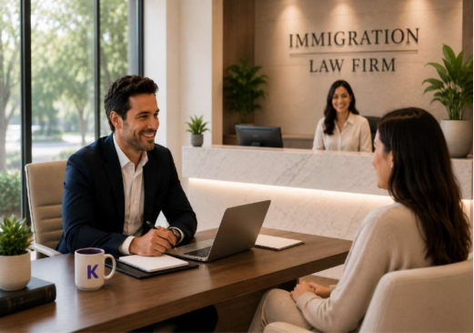 Consulta de inmigración preparada en una firma con recepción organizada